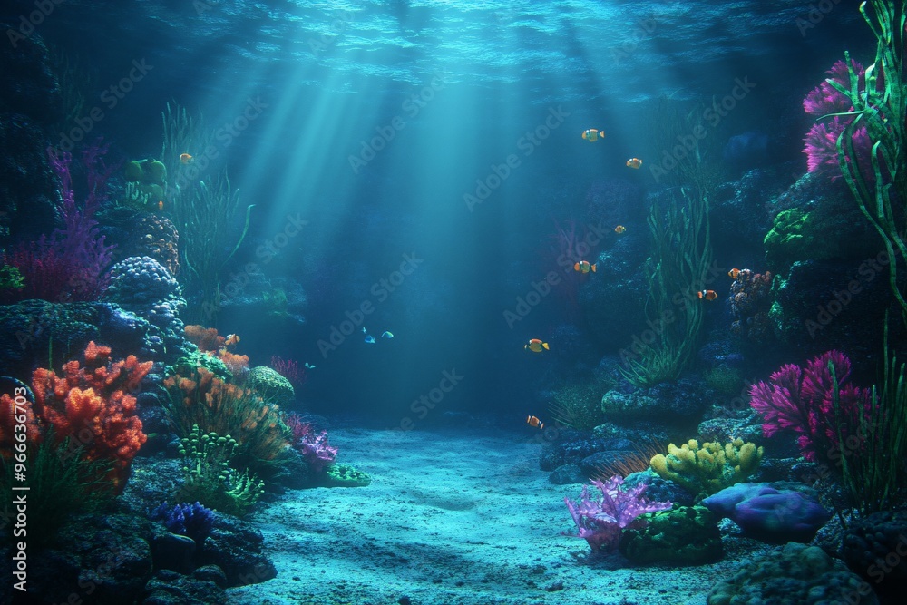 Obraz premium Vibrant underwater scene with colorful corals and playful fish swimming in blue waters.