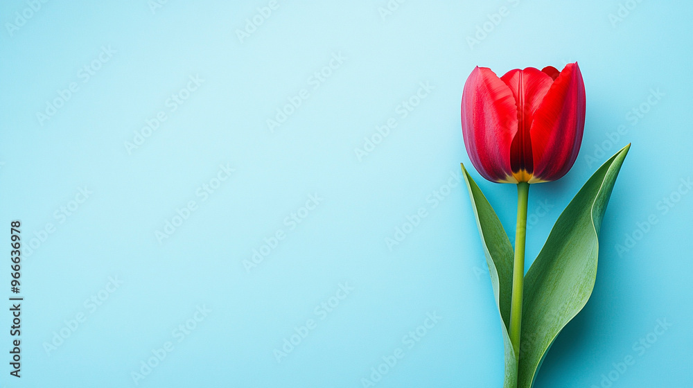 A red tulip on a light blue background A red tulip on a light blue background