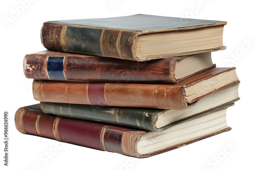 A large stack of vintage hardcover books with worn covers, various textures, and colors isolated on white background.