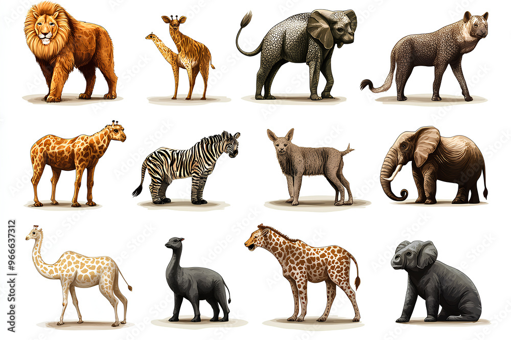 Obraz premium A collection of illustrated animals including lions, giraffes, elephants, and zebras.