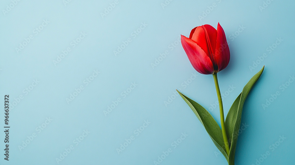 A red tulip on a light blue background A red tulip on a light blue background