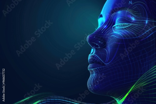 Abstract digital portrait of a woman's face with glowing lines and a blue background.