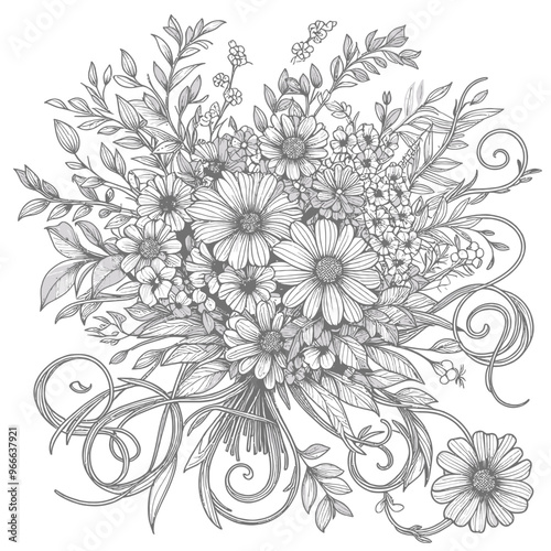 Bouquet of wildflowers intertwined with swirling vines Coloring page