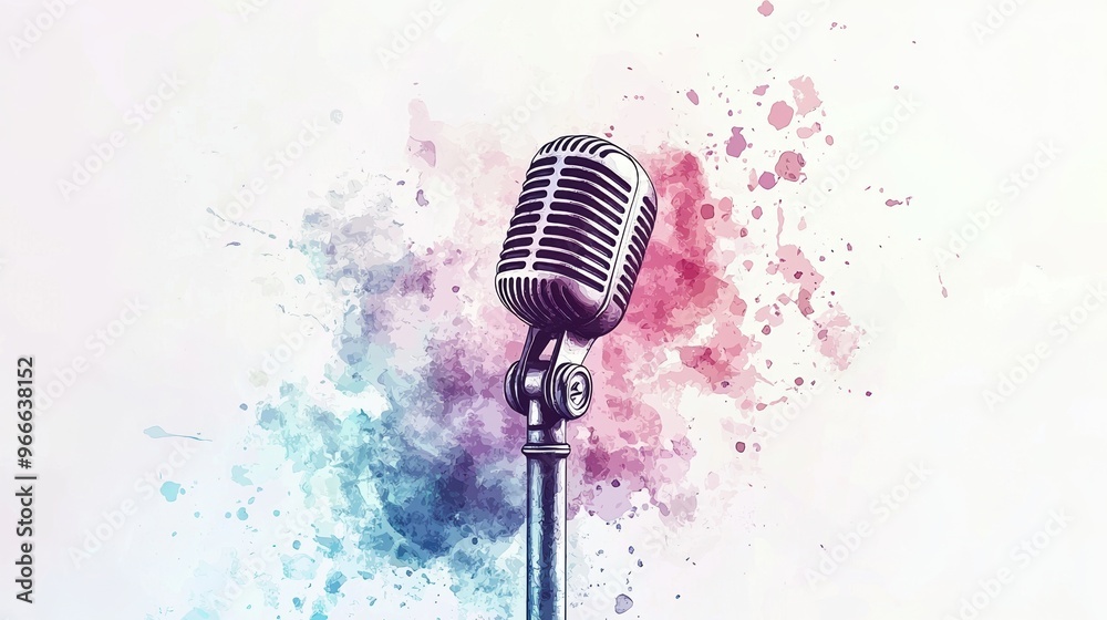 Fototapeta premium A classic microphone stands against a vibrant splash of colors, symbolizing music, performance, and creativity in art.