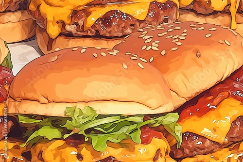 Close-up of a juicy cheeseburger with melted cheese, crispy bacon, and fresh lettuce, dripping with sauce, on a sesame seed bun photo