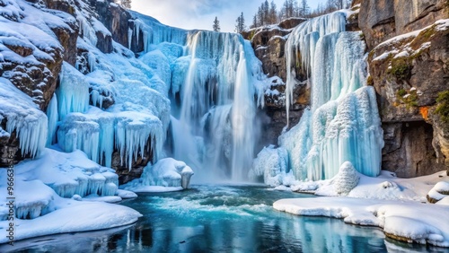 Frozen waterfall cascading down icy cliffs in the arctic circle, arctic, frozen, waterfall, ice, icicles, winter