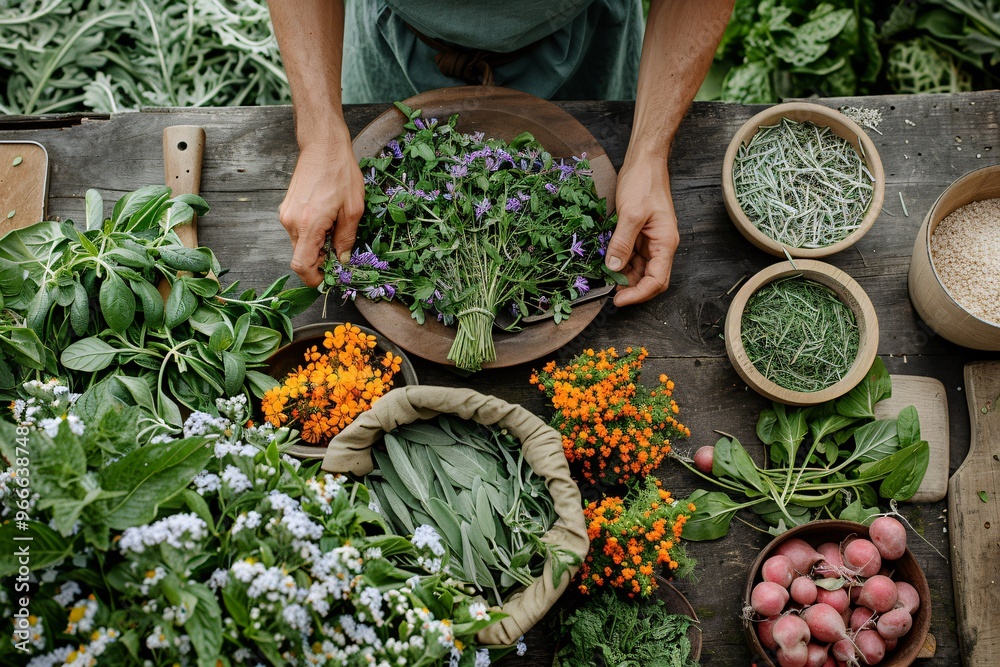 Fototapeta premium Garden-to-table concept, featuring fresh herbs, vegetables, and edible flowers harvested from a backyard garden.