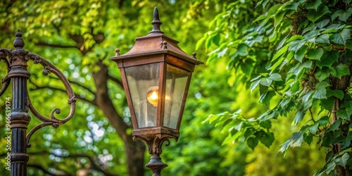 Old rusty street lamp peaking out between green tree leaves, rusty, street lamp, vintage, old, weathered, foliage, tree leaves