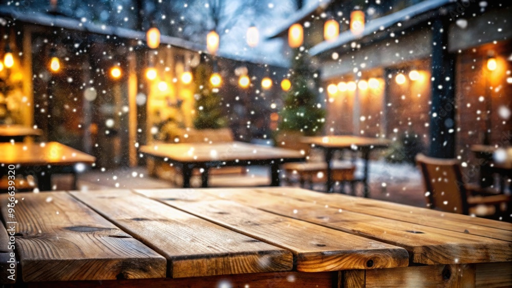 Empty wooden tabletop with falling snow on a winter restaurant background, snow, falling, winter, restaurant, background, wooden Empty wooden tabletop with falling snow on a winter restaurant background, snow, falling, winter, restaurant, background, wooden