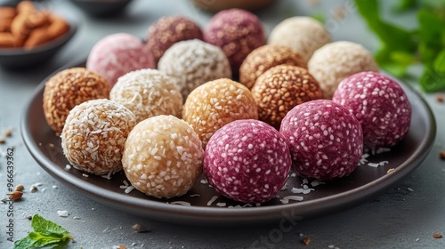 Assorted energy balls on a plate, healthy snack concept