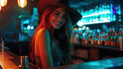 A smiling woman at a bar with colorful lighting and bottles.