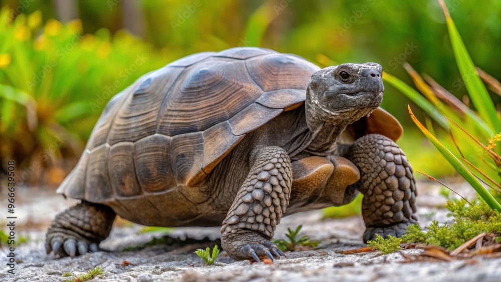 Threatened Gopher Tortoise in its natural habitat, endangered, conservation, wildlife, reptile, burrow Threatened Gopher Tortoise in its natural habitat, endangered, conservation, wildlife, reptile, burrow