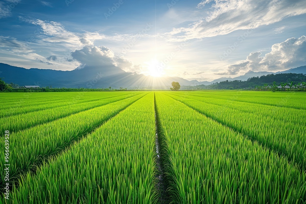 A lush rice paddy field with neat, under a bright, sunny sky, green rows stretching into the horizon , ai A lush rice paddy field with neat, under a bright, sunny sky, green rows stretching into the horizon , ai
