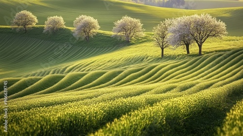 Rolling Green Hills with Blooming Trees