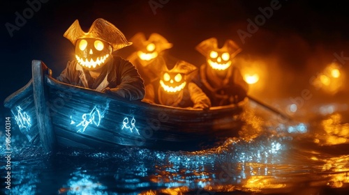 Ghostly pirate crew in Halloween costumes searching for treasure aboard a haunted ship photo