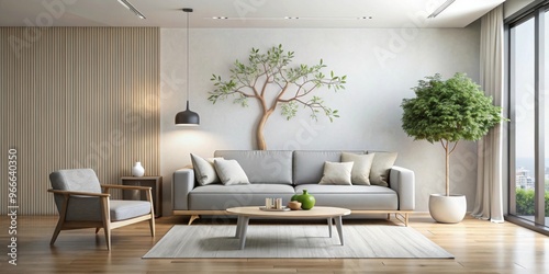 Modern minimalist living room with tree art on the wall , modern, minimalist, living room, tree art, decor