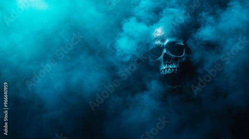 Haunted pirate ship wreck with skulls and ghostly fog swirling around the remains photo