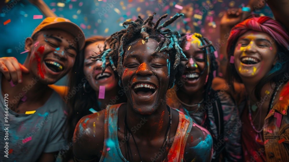 A lively studio scene filled with laughter, featuring a diverse group of joyful individuals posing together. Creative lighting and a colorful background highlight their smiles and positive energy. A lively studio scene filled with laughter, featuring a diverse group of joyful individuals posing together. Creative lighting and a colorful background highlight their smiles and positive energy.