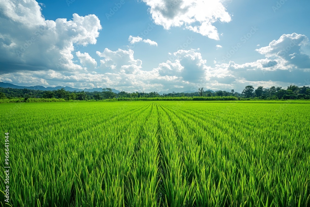 A lush rice paddy field with neat, under a bright, sunny sky, green rows stretching into the horizon , ai A lush rice paddy field with neat, under a bright, sunny sky, green rows stretching into the horizon , ai