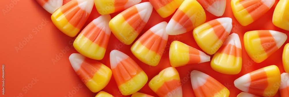 Classic white, orange, and yellow candy corn delights for Halloween with empty area for text Classic white, orange, and yellow candy corn delights for Halloween with empty area for text