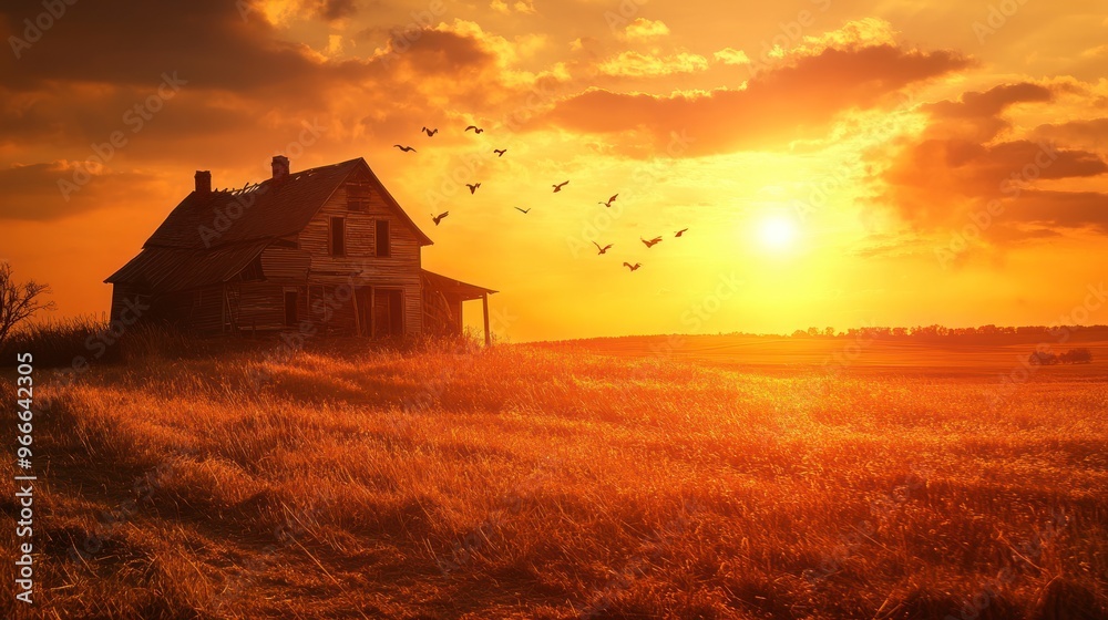 orange sunset on the farm with old house orange sunset on the farm with old house