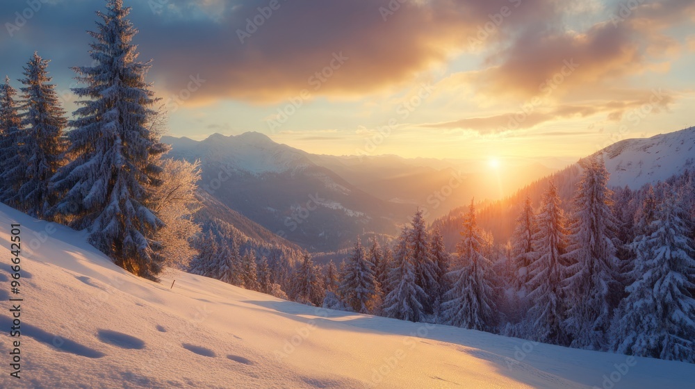 Fototapeta premium Majestic sunrise in the winter mountains landscape