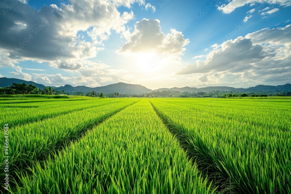 A lush rice paddy field with neat, under a bright, sunny sky, green rows stretching into the horizon , ai A lush rice paddy field with neat, under a bright, sunny sky, green rows stretching into the horizon , ai