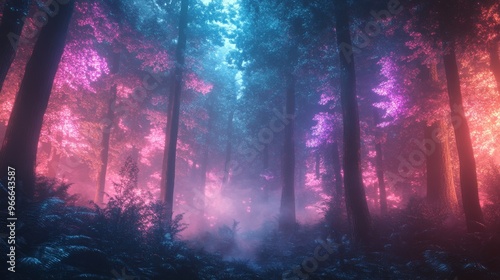 A Dreamlike Forest Path Illuminated by Pink and Blue Lights