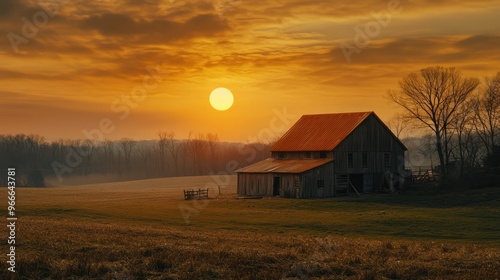 orange sunset on the farm with old house