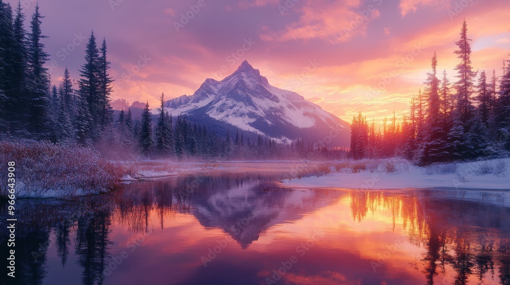Mountain Peak Reflection in a Snowy River at Sunset Mountain Peak Reflection in a Snowy River at Sunset