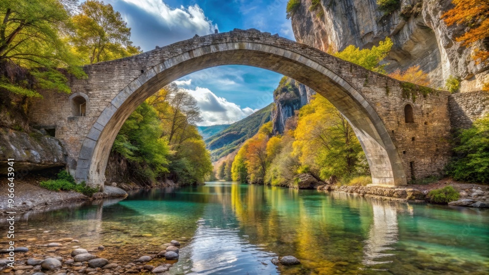 Stone bridge arching over Voidomatis river in Central Zagoria, Epirus, Greece, arch, stone, bridge