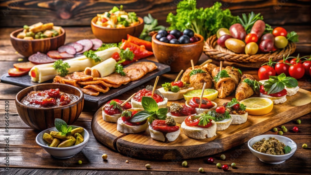 Assorted appetizers with meat and vegetables on a dark wooden table, appetizers, meat, vegetables, assorted, variety Assorted appetizers with meat and vegetables on a dark wooden table, appetizers, meat, vegetables, assorted, variety
