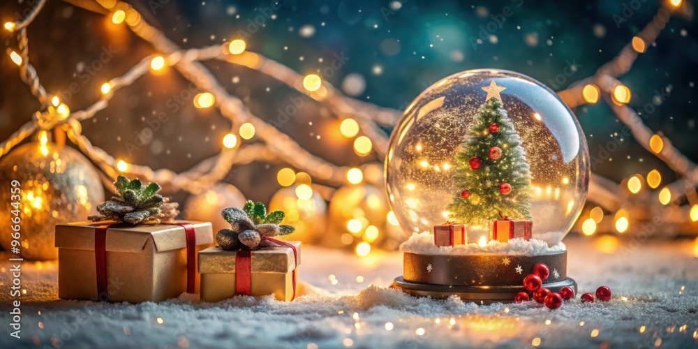 Glass snow globe surrounded by gifts, lights, and decorations on Christmas night , Christmas, snow globe, gifts Glass snow globe surrounded by gifts, lights, and decorations on Christmas night , Christmas, snow globe, gifts