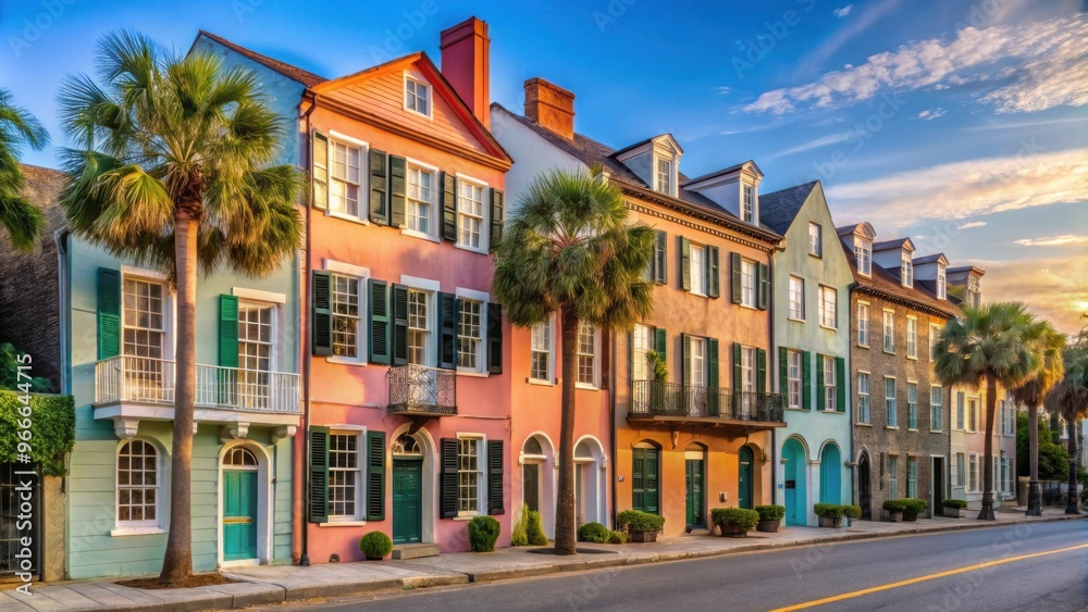 Obraz premium Colorful row of historic homes in Charleston SC, Rainbow Row, Charleston, South Carolina, historic, colorful, architecture