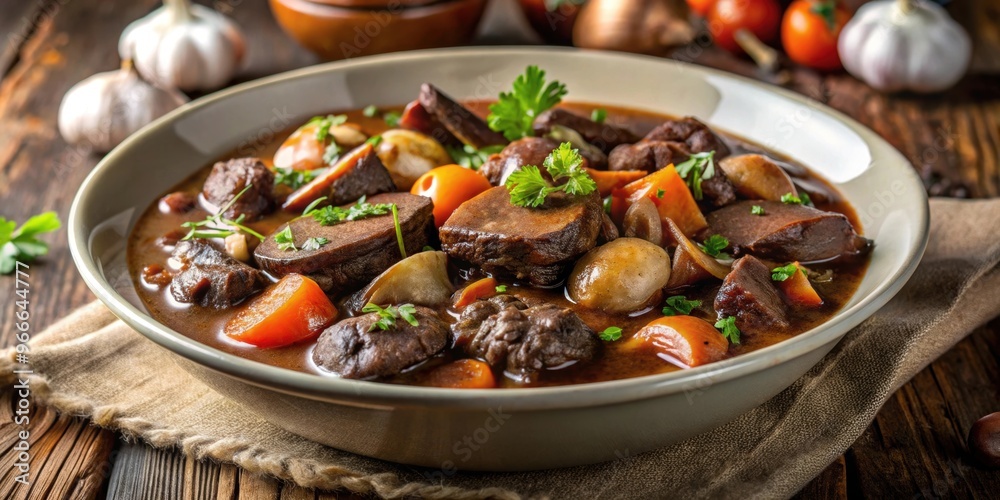 Traditional French beef stew cooked in red wine with bacon, mushrooms, and onions , Estouffade de b?uf Traditional French beef stew cooked in red wine with bacon, mushrooms, and onions , Estouffade de b?uf
