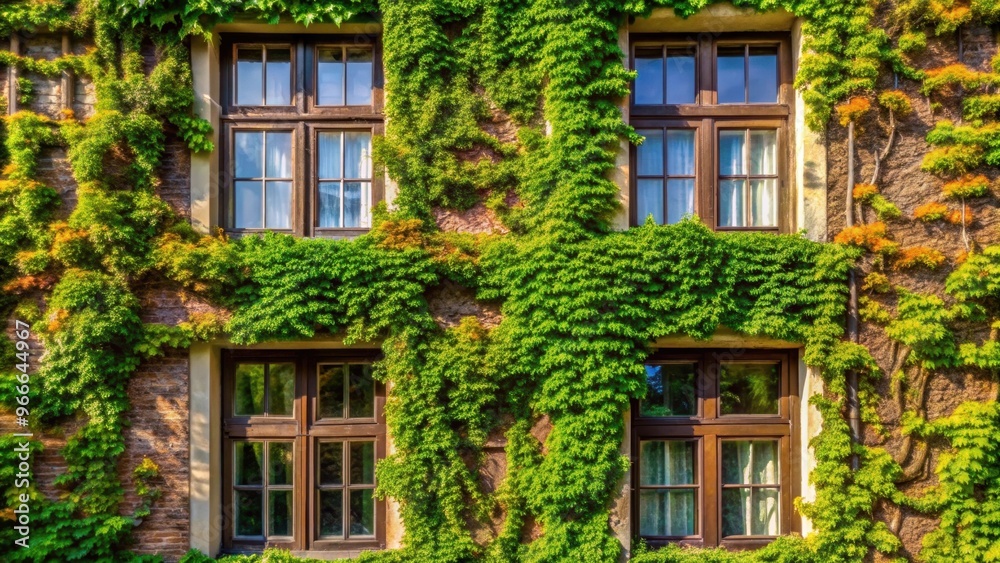 Naklejka premium Green plants climbing on the exterior wall of a house, green plants, climbing, exterior, wall, house, vertical garden, greenery