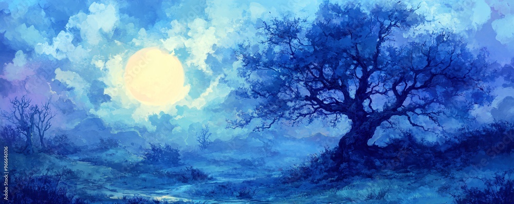 Fototapeta premium A serene landscape featuring a large tree under a full moon, bathed in tranquil blue hues.