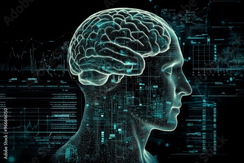Neurogenesis neuroinflammation and cognitive neuroscience digital human profile with brain visualizing data processing neural network and intelligence photo