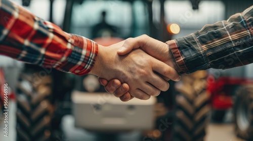 New tractor purchase Handshake between dealer and farmer at agricultural dealership