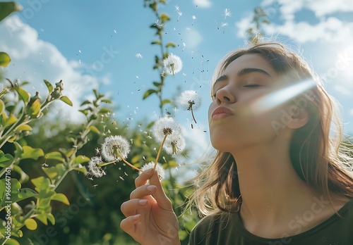 Young woman blowing on dandelions under cloudy sky. Generative AI