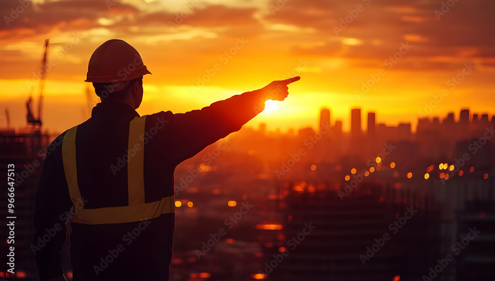 Fototapeta premium A construction worker points towards the skyline at sunset, showcasing dedication and the beauty of urban development.