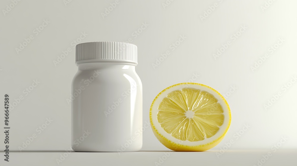 Clean Minimalistic Wellness Concept with White Plastic Bottle, Lemon Slice, and Vitamin Container on White Background - High Quality 3D Rendering Clean Minimalistic Wellness Concept with White Plastic Bottle, Lemon Slice, and Vitamin Container on White Background - High Quality 3D Rendering