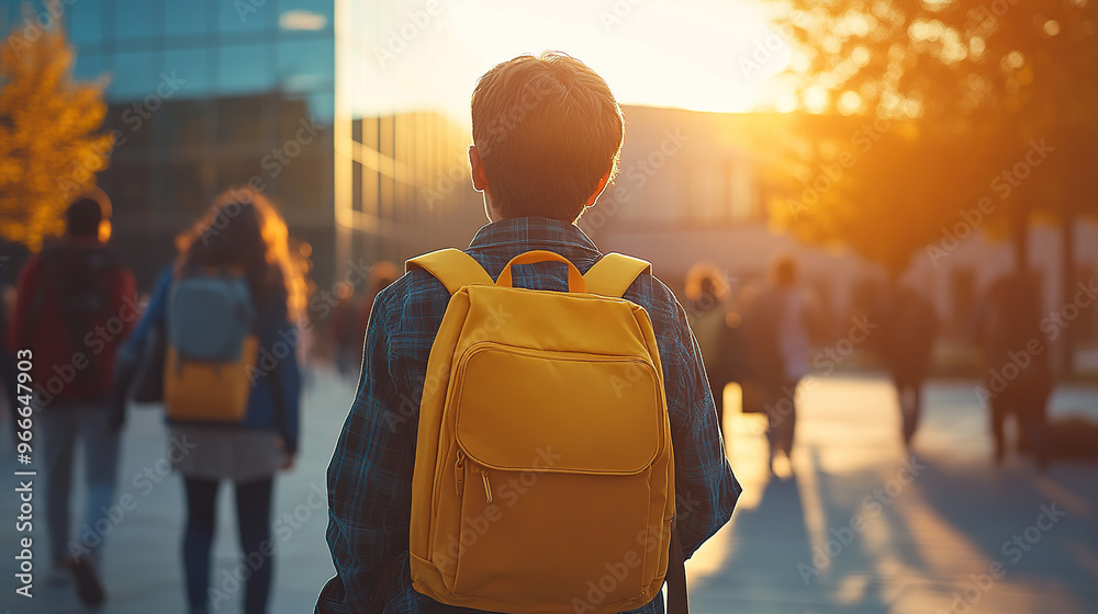 A high school student on campus wears a yellow backpack and faces away from the camera A high school student on campus wears a yellow backpack and faces away from the camera