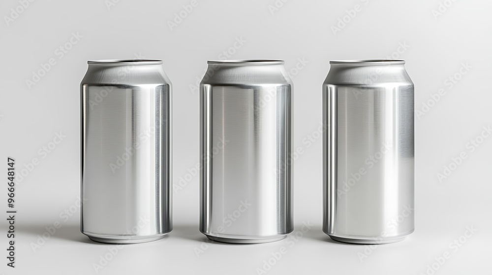 Shiny Aluminum Cans on Brushed Metal Surface against White Background - Front View Concept. Shiny Aluminum Cans on Brushed Metal Surface against White Background - Front View Concept.