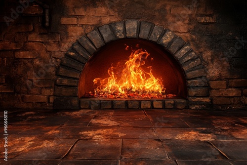 Authentic pizza oven with roaring flames in a rustic stone setting providing warmth and cooking ambiance photo