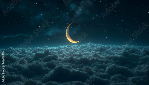 A serene nighttime scene featuring a crescent moon glowing above fluffy clouds, creating a calm and mystical atmosphere.