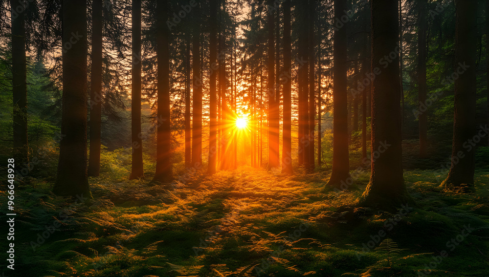 Fototapeta premium Serene forest landscape at sunset with rays of light filtering through trees, creating a tranquil and magical atmosphere.