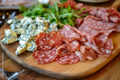 A wooden platter showcasing authentic Italian salami, pecorino cheese, ham, gorgonzola, and fresh greens for a delightful meal