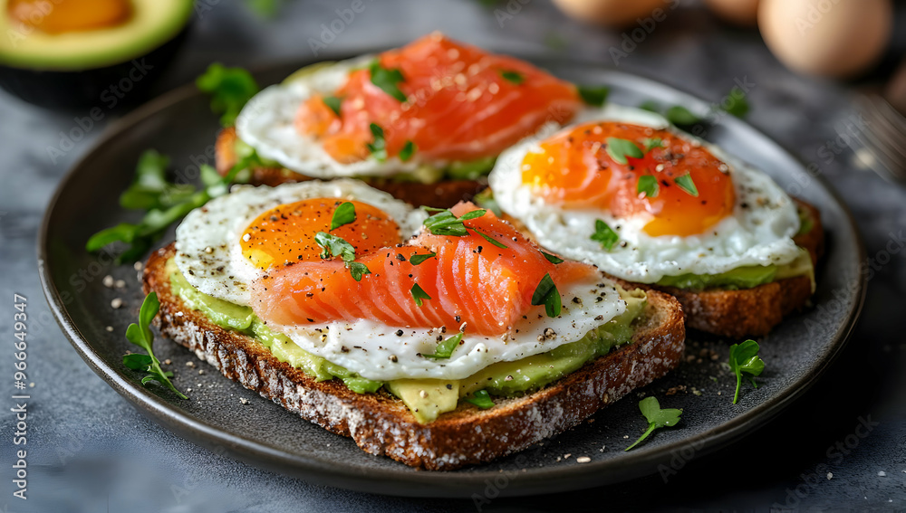 Delicious avocado toast topped with smoked salmon and fried eggs, garnished with herbs for a gourmet breakfast experience. Delicious avocado toast topped with smoked salmon and fried eggs, garnished with herbs for a gourmet breakfast experience.
