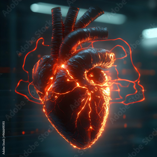 A glowing human heart with electric veins, showcasing the beauty and complexity of human anatomy in a futuristic design. photo